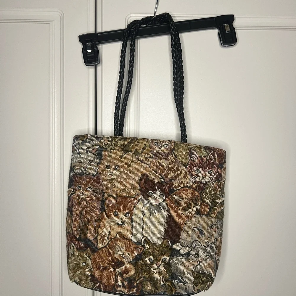 Vintage 1990s Tapestry Cat Tote Bag w/ Matching Wallet